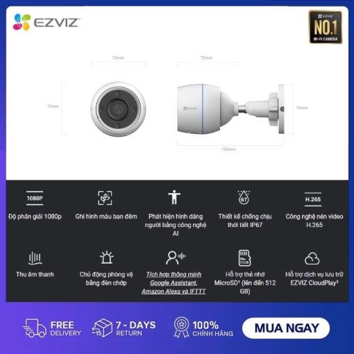 Camera WiFi ngoài trời EZVIZ H3C 2MP Color